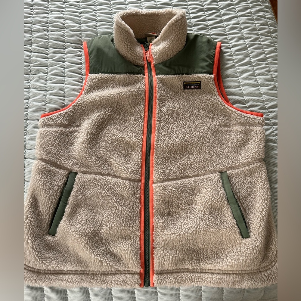 L.L. Bean Sherpa Vest - Cream and Green with Coral Trim